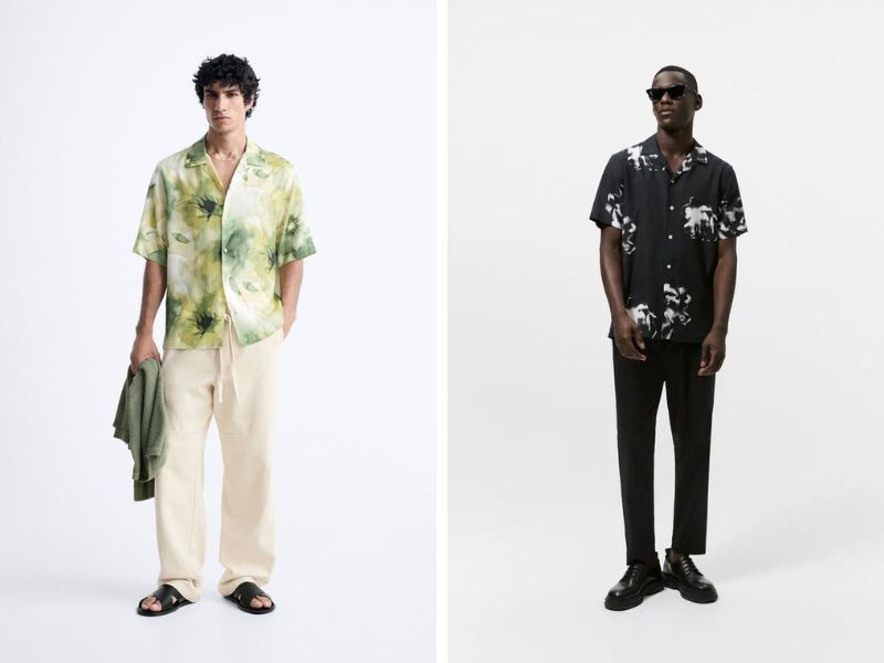 Chàng trai phối quần suông ống rộng màu trung tính cùng áo sơ mi họa tiết nổi bật thể hiện phong cách cá tính.